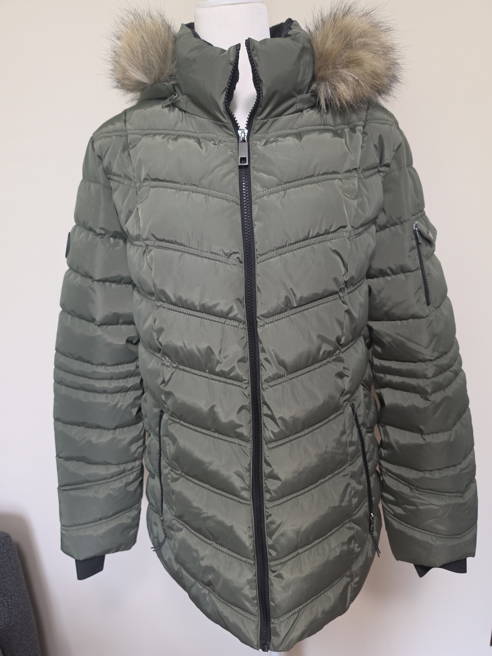 Nautica Women's Quilted Puffer Jacket with Faux-Fur Hood - Olive Green XL